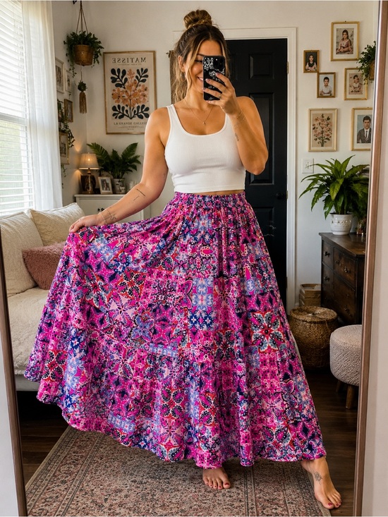 new directions Dresses & Skirts - New Directions Boho Patchwork Maxi Skirt Size Large Pink Blue Twirl Full Sweep